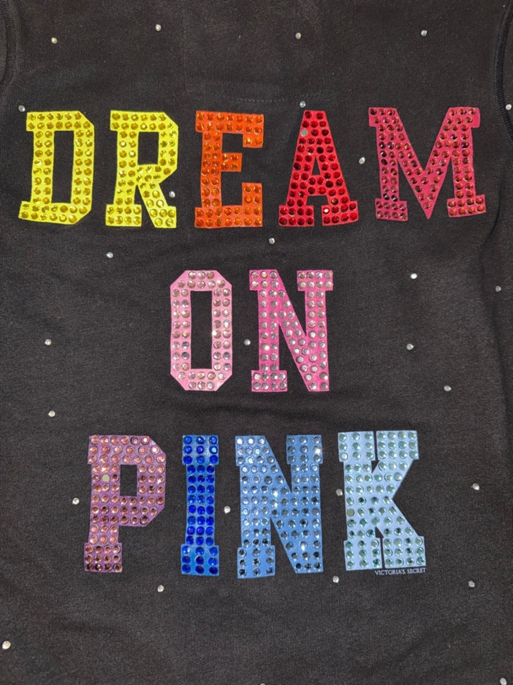 DREAM ON PINK bling rhinestone rainbow whimsy women's zip-up hoodie. black sz S - Picture 5 of 6